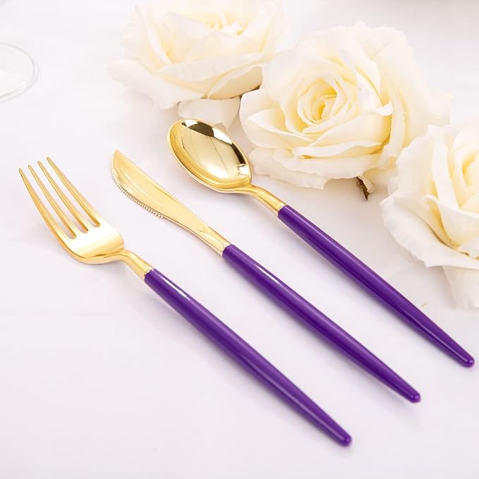 WDF 30Guest Purple Plastic Plates with Gold Rim & Disposable Gold Plastic Silverware With Purple Handle - Baroque Party Plates Mardi Gras Plate for Birthday Parties