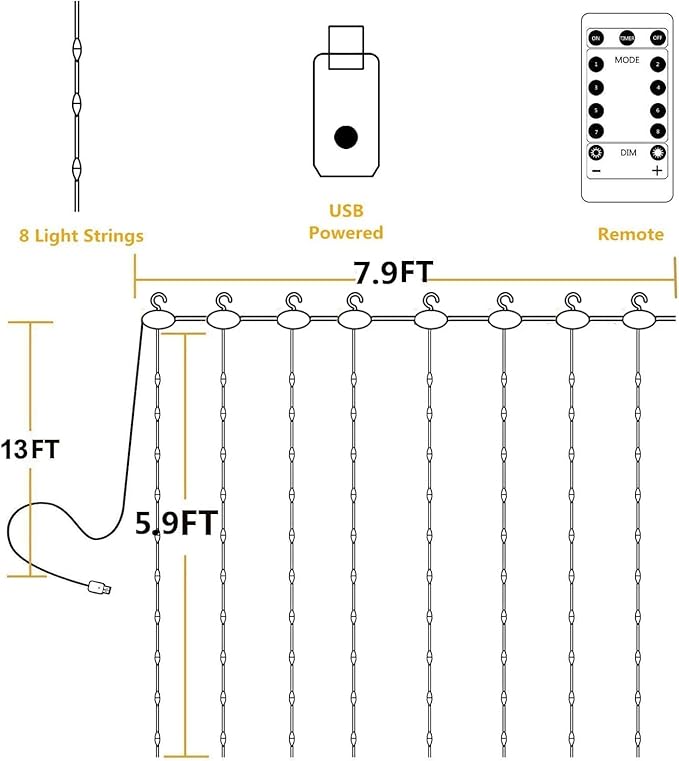YEOLEH String Lights Curtain,USB Powered Fairy Lights for Party Bedroom Wall,8 Lighting Modes & IP64 Waterproof Ideal for Wedding Valentines Day Decor (Multi-Colored,7.9Ft x 5.9Ft)