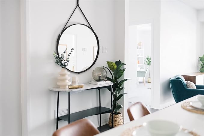 HofferRuffer Round Wall Mirror Decorative Mirror, Hanging Mirror with Hanging Strap Silver Hardware Hooker/Hanger (Black, 20'')