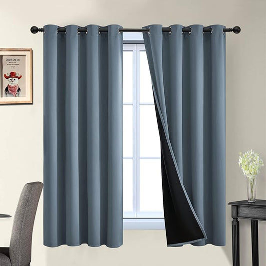 Yakamok 100% Blackout Lined Panels, Room Darkening Thermal Insulated Blackout Curtains for Bedroom, Heat Blocking Drapes for Living Room(52Wx63L, Stone Blue, 2 Panels)