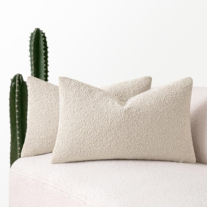 MIULEE 12x20 Inch Decorative Lumbar Throw Pillows for Bed Set of 2 Textured Boucle Neutral Throw Pillow Covers Natural Beige Accent Solid Pillowcase Cozy Soft Sofa Livingroom Home Decor