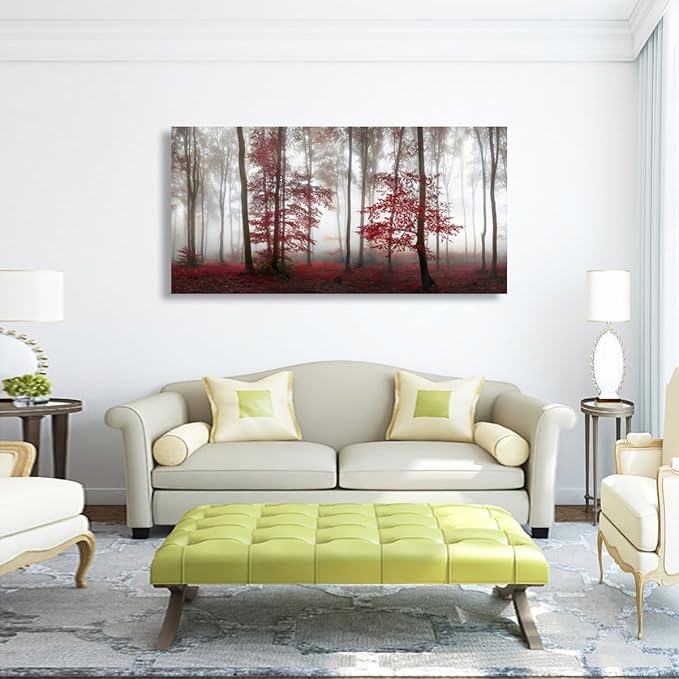 Misty Forest Pictures Canvas Wall Art for Living room Office Bedroom Wall Decor,Forest Wall Art Print Paintings Modern Nature Red Tree Artwork Waterproof Ready to Hang-28x57 inch