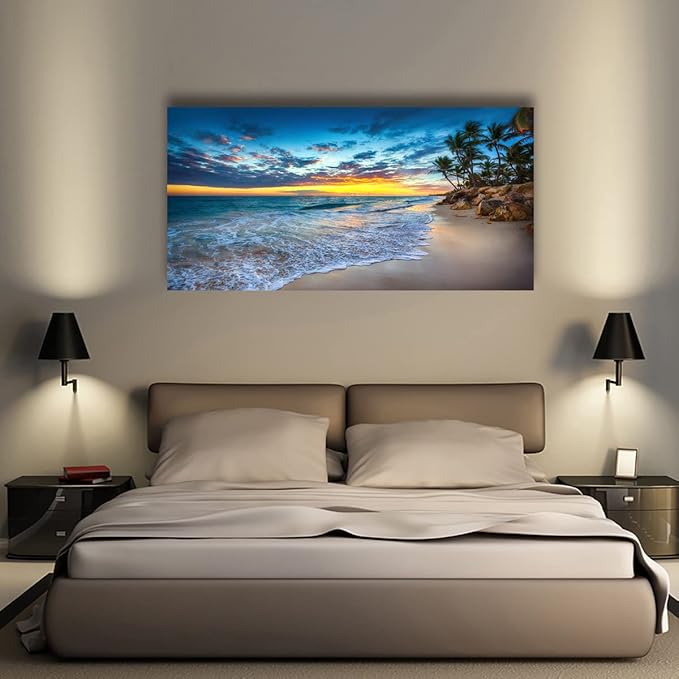 Beach Sunset Pictures Canvas Wall Art For Living Room Bedroom Wall Decor,Sunset Wall Art Print Paitnings for Home Decor,Morden Artwork Palm Coconut Tree Canvas Art Ready to Hang-28x57 Inches