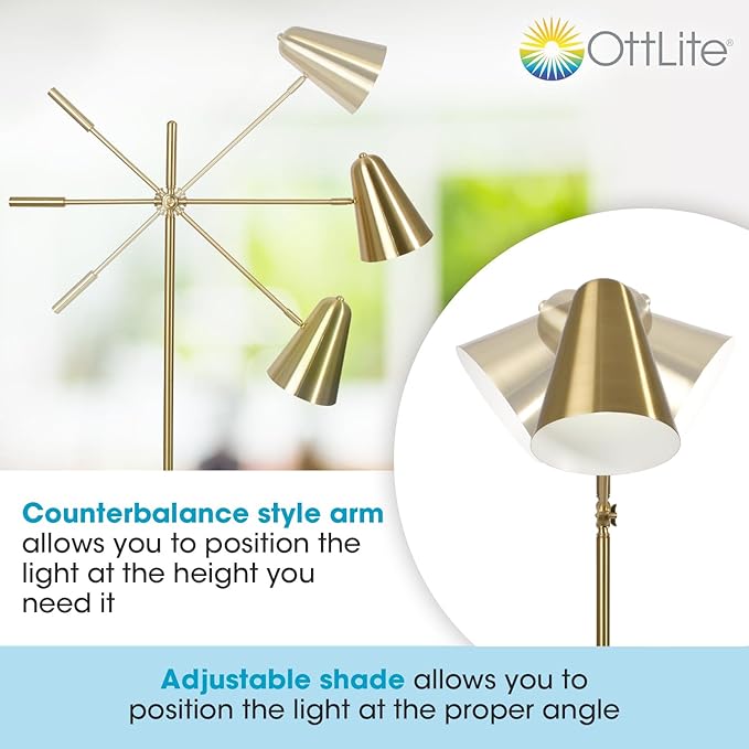 Ottlite Archer Floor Lamp - Mid-Century Modern Design, Satin Brass Finish, LED, Adjustable Shade