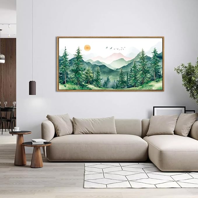 ANHUIB Watercolor Forest Wal Art 20x40 Inch Framed Green Mountain Range Canvas Wall Decor Pine Tree Painting Nature Landscape Wall Art Set of 3 for Living Room Bedroom Office
