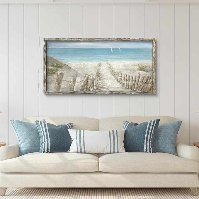 Beach Canvas Print Artwork Coastal Ocean Blue Abstract Seascape Picture Wall Art Painting for Bathroom Office Bedroom(48"*24")