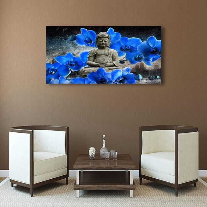 Buddha Pictures Wall Art Canvas Prints Home Decor Grey Zen Blue Flower Painting for Living Room Bedroom Bathroom Office Home Kitchen Decoration Asia Hindu Artwork 24x48 Wooden Frames Easy Hanging