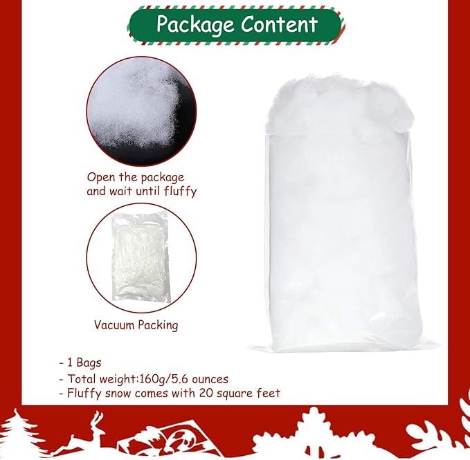 Apragaz Christmas Fake Snow Decoration, Artificial Snow Fluffy Fake Snow Decor, Flame Resistant Indoor Snow for Winter Village, Nativity, Christmas Tree, Christmas Decoration(5.6 OZ)