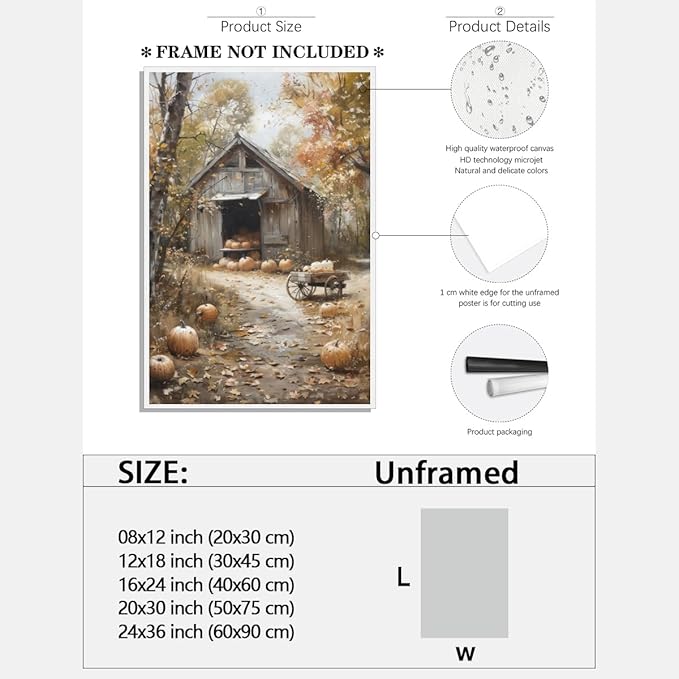 Fall Canvas Wall Art Farmhouse Pumpkin Barn Posters Retro Countryside Fall Pictures Prints Farmhouse Wall Decor for Home Living Room 16x24inch Unframed
