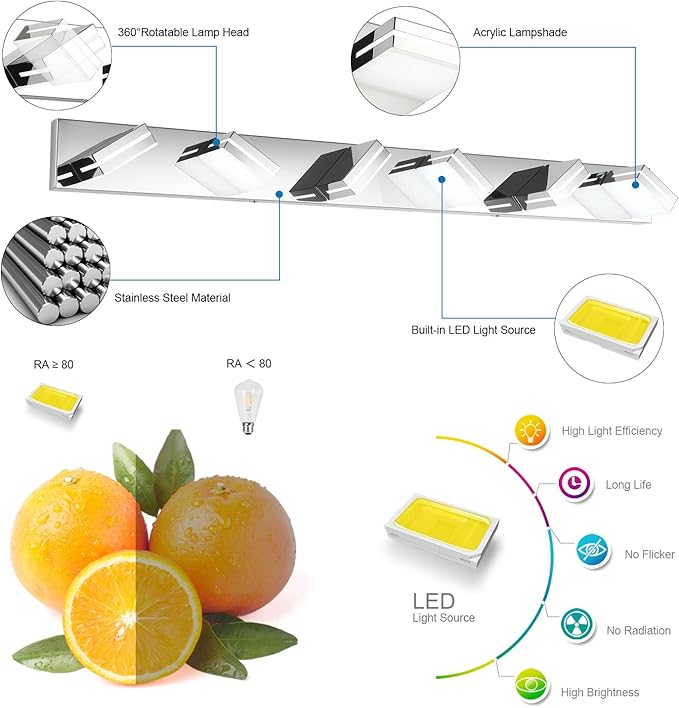 SineRise LED Modern Bathroom Vanity Light Fixtures (6-Light, 48-Inch, Dimmable), Chrome Modern Acrylic Bathroom Wall Lighting Fixtures Over Mirror (Cool White 6000K)