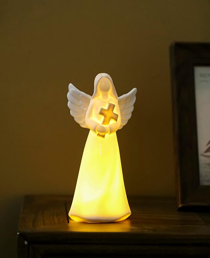 ADAVAS.Y&G Porcelain Lighted Angel Figurine Holding Cross, and Decor 7" H
