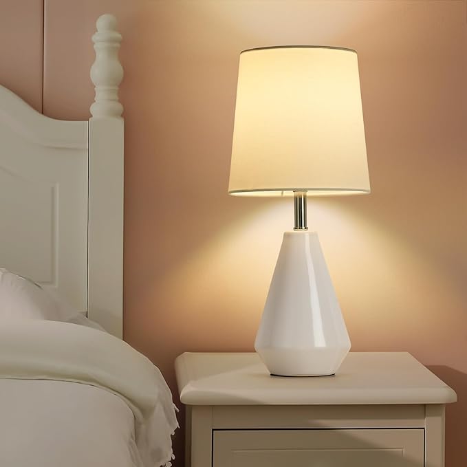 Small Bedside Table Lamp for Bedroom - Reading Desk Lamp with 3 Color Temperatures，15.5" Nightstand Ceramic Lamp with Fabric Shade for Kids Room,Living Room,Dorm,Home Office (White)