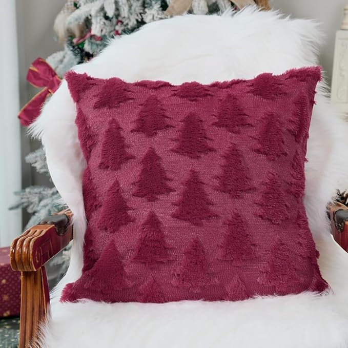 GEEORY Christmas Tree Throw Pillow Covers 20x20 Inch Set of 2, Xmas Winter Soft Plush Faux Fur Wool Decorative Farmhouse Holiday Cushion Case for Home Decoration (Wine Red) GC009-20