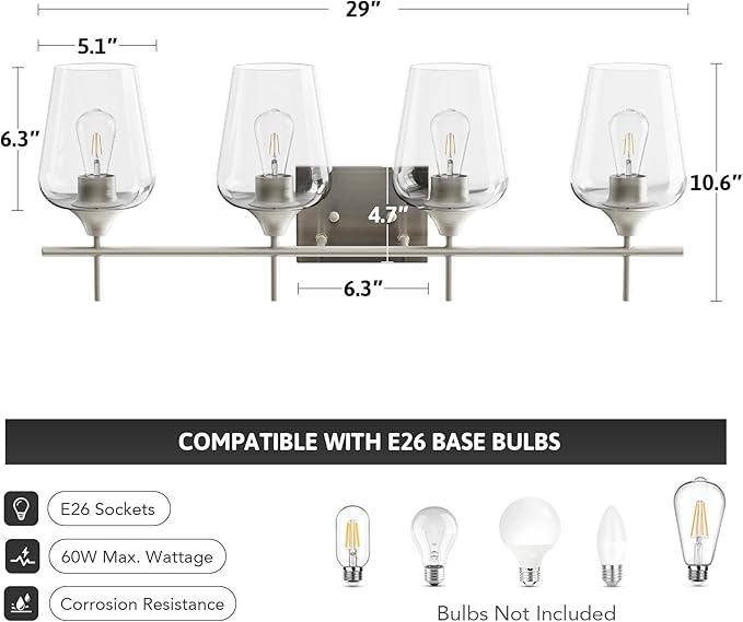 VONLUCE Bathroom Vanity Light, 4 Light Bathroom Light Fixture Over Mirror, Bathroom Wall Lamp with Clear Glass, Modern Brushed Nickel Vanity Lighting fixtures for Bathroom, Bedroom, Hallway