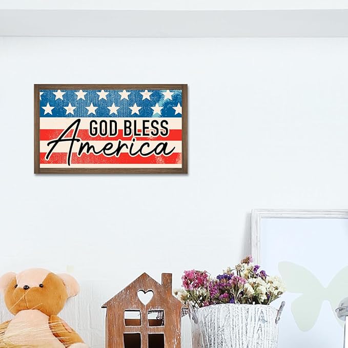 God Bless America Independence Day Wooden Box Sign Desk Decor,Patriotic Labor Day American Flag Wood Block Sign for Farmhouse Home Shelf Tabletop Wall Decor