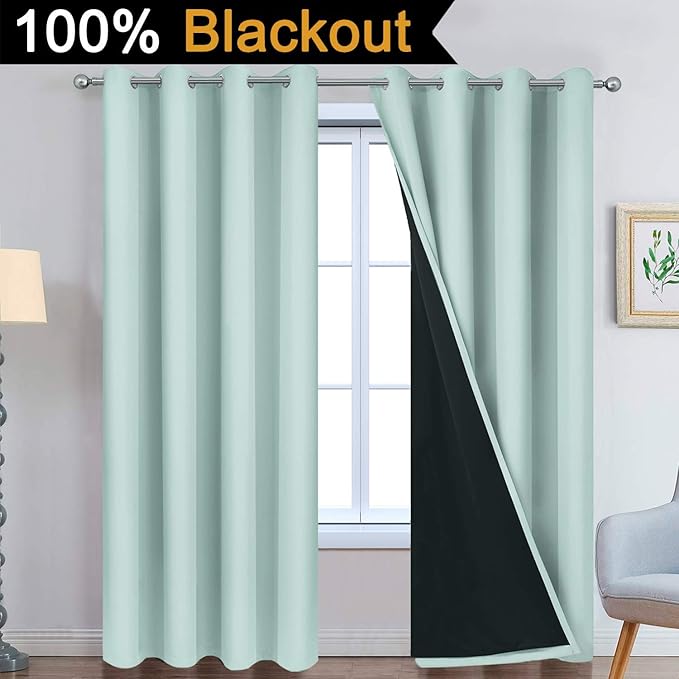 Yakamok 100% Blackout Lined Pair Curtains, Window Treatment Thermal Insulated Soundproof Drapes for Bedroom(52Wx90L, Aqua, 2 Panels)