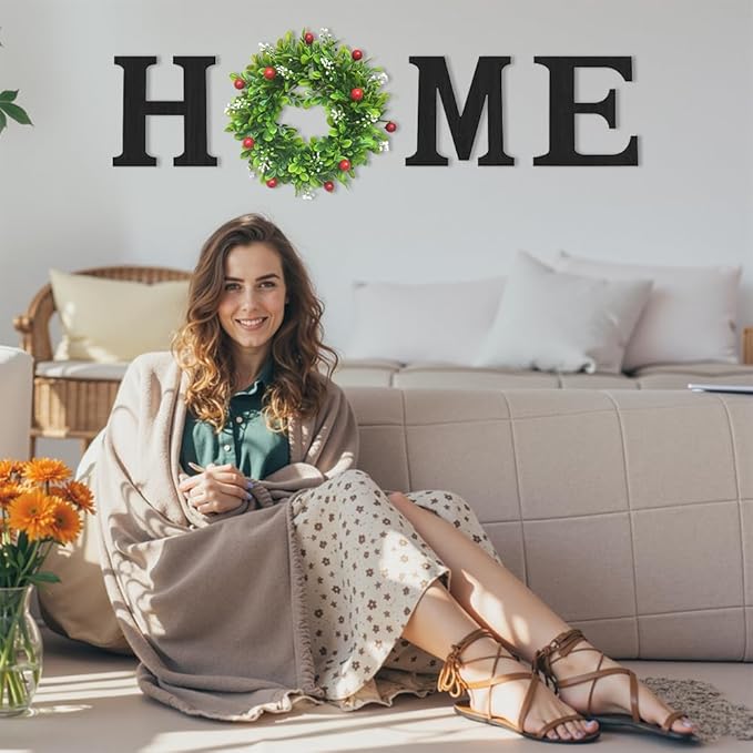 Wooden Home Sign with Artificial Boxwood Wreath for O, Hanging Farmhouse Wall House Decor Wood Letters for Wall Art Rustic Home Decor, Wall Decor for Living Room Kitchen Entryway