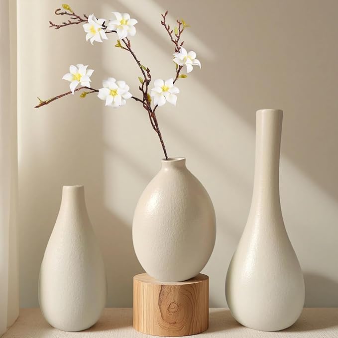 Ceramic Vase Set 3-Piece - Bohemian Farmhouse Style Decorative Vases for Pampas Grass,Beige Vases for Home Decor, Living Room, Kitchen, Bedroom, Entryway & Mantel