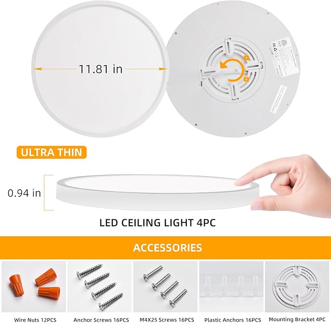 Hlite 4pack 12 inch Flush Mount LED Ceiling Light Fixture,24W 2400LM Super Slim Light Fixtures Ceiling Mount 3000K/4000K/5000K 3CCT Selectable,Ceiling Light Fixtures for Kitchen,Bedroom(White)