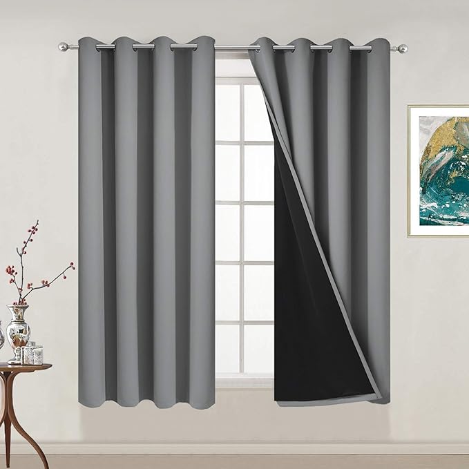 Yakamok Thermal Insulated 100% Blackout Curtains for Bedroom, Heat and Full Light Blocking Drapes with Black Liner for Living Room, 54 inches Length (Grey, 2 Panels, 52 inches Wide Each Panel)