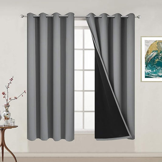 Yakamok Thermal Insulated 100% Blackout Curtains for Bedroom, Heat and Full Light Blocking Drapes with Black Liner for Living Room, 54 inches Length (Grey, 2 Panels, 52 inches Wide Each Panel)