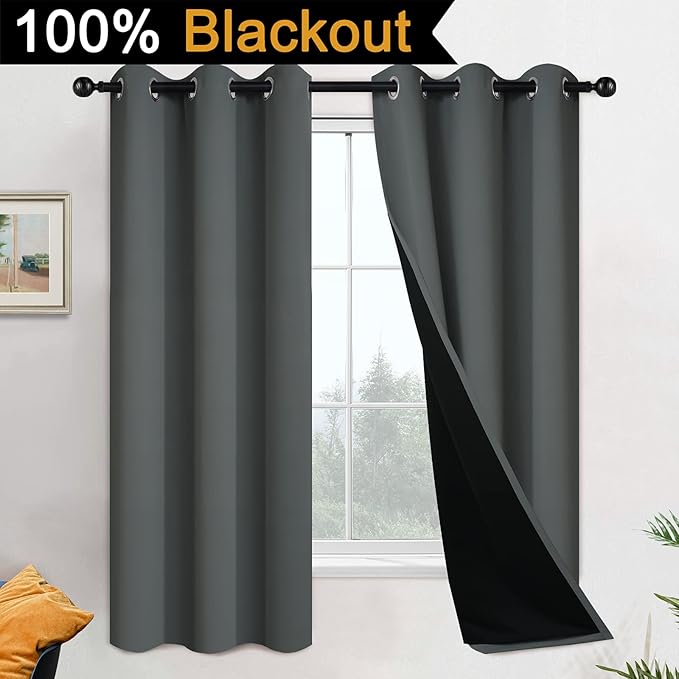 Yakamok 63 Inch Length 100% Blackout Curtains for Bedroom, 2 Thick Layers Thermal Insulated Grommet Total Blackout Drapes with Black Liner for Living Room (42Wx63L,Dark Grey, 2 Panels)