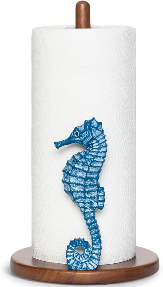 Seahorse Paper Towel Holder - Beach House Decor Unique Coastal Decor Seahorse Gifts for Women, Funny Cute Paper Towel Holder Stand Wood Kitchen Countertop Bathroom Decor Blue Coastal Kitchen