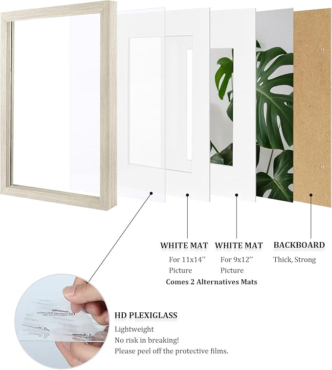 Egofine 12x16 Picture Frames Set of 4, Made of Solid Wood Covered by Plexiglass 9x12 and 11x14 with Mat or 12x16 without Mat, for Wall Mounting Photo Frame Distressed Wood Grain