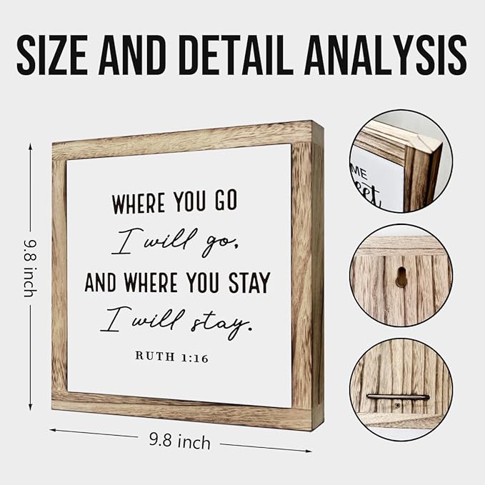 Christian Wood Decor, “Where You Go I Will Go” Ruth 1:16 Scripture Wall Art, Bible Verse Box Plaque 9.8×9.8in, Religious Home and Bedroom Decoration, Faith-Based Gift and Inspirational Decor