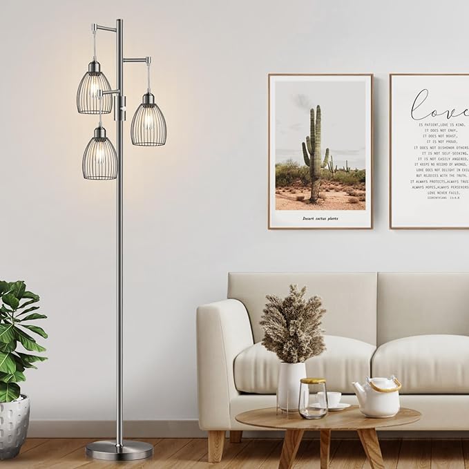 Dimmable Floor Lamp, Industrial Floor Lamps for Living Room, Brushed Nickel Tree Lamp Standing Lamp Tall Lamps with 3 Elegant Teardrop Cage Head & 800 Lumens LED Bulbs for Living Room Bedroom Office
