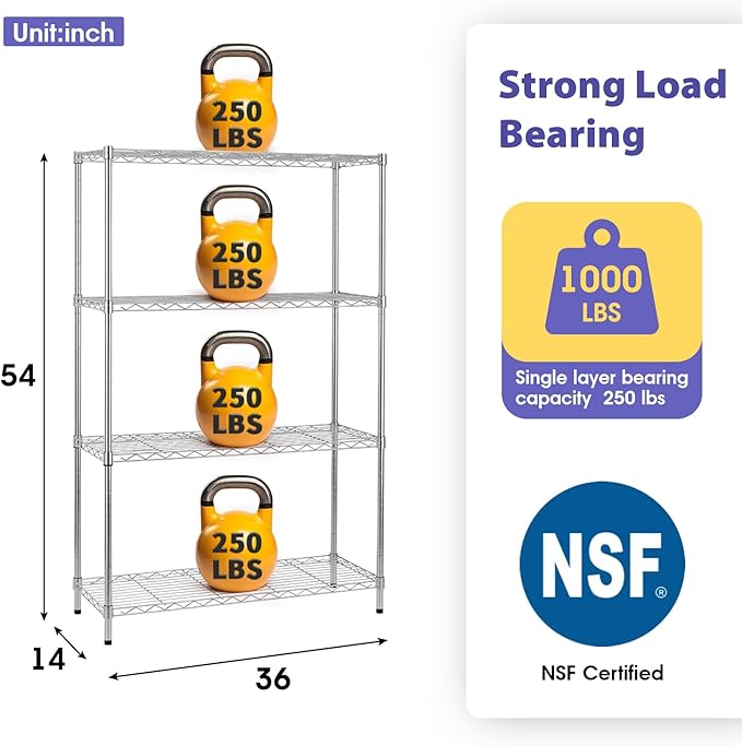 PayLessHere | 4-Tier Wire Shelf | 36"x14"x54" | Chrome | Adjustable Racks | Heavy-Duty Storage Shelves, Holds Upto 1000 lbs | Rust-Resistant, No-Tool Assembly | for Home, Garage Shelving