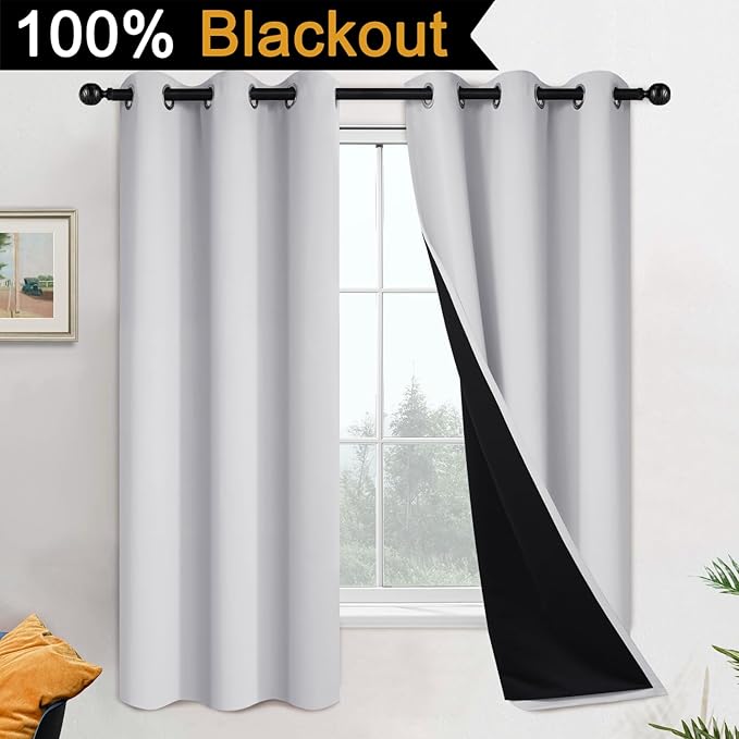 Yakamok 100% Blackout Curtains 63 Inches Long, 2 Thick Layers Heat and Full Light Blocking Soft Thermal Insulated Drapes for Bedroom(42" Wide Each Panel, Greyish White, 2 Panels)