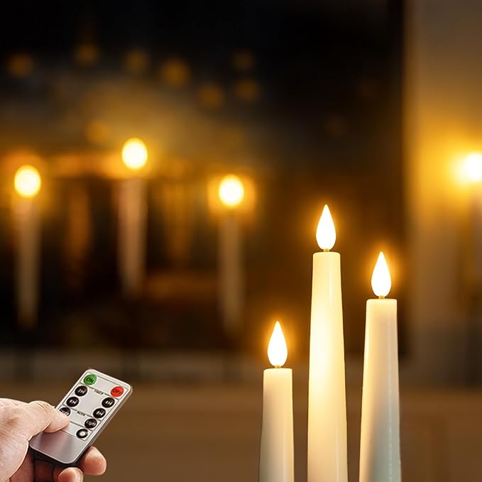 Homemory Flameless Taper Candle Set, 6 Pcs Waxy Led Candlesticks, Flickering Battery Operated, White, 9.6 inches
