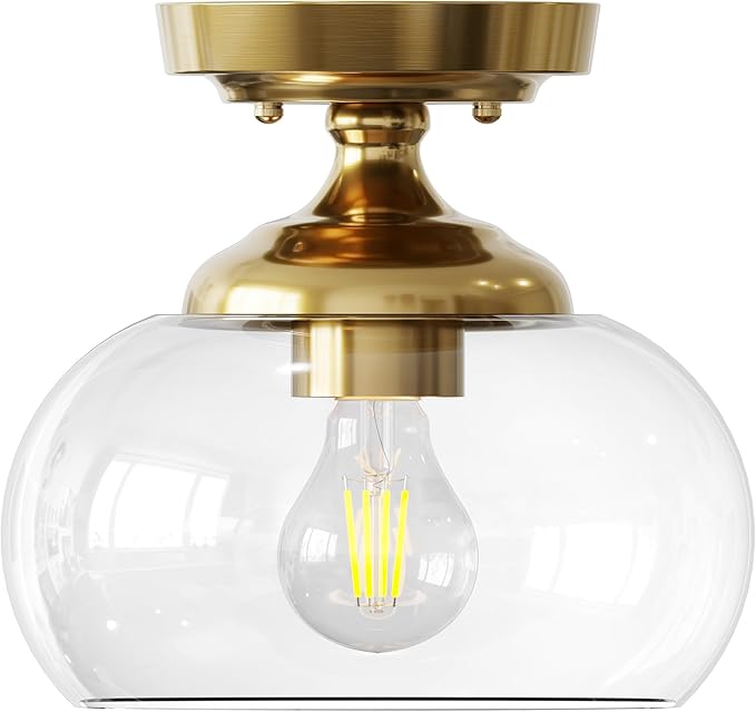 VONLUCE Industrial Semi Flush Mount Ceiling Light, 8.3" Ceiling Light Fixture with Clear Glass Shade, Farmhouse Lighting for Hallway Kitchen Bedroom Entryway, Brushed Gold Flush Mount Light Fixture