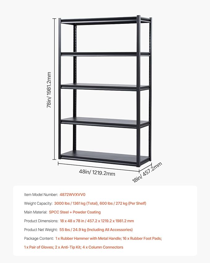 VEVOR Storage Shelves, 3000 lbs, 5 Tier Garage Storage Shelving, 18" D x 48" W x 78" H Adjustable Metal Shelves for Garage Shelves Utility Rack Shelf, Ideal for Kitchen, Warehouse, Basement, Black