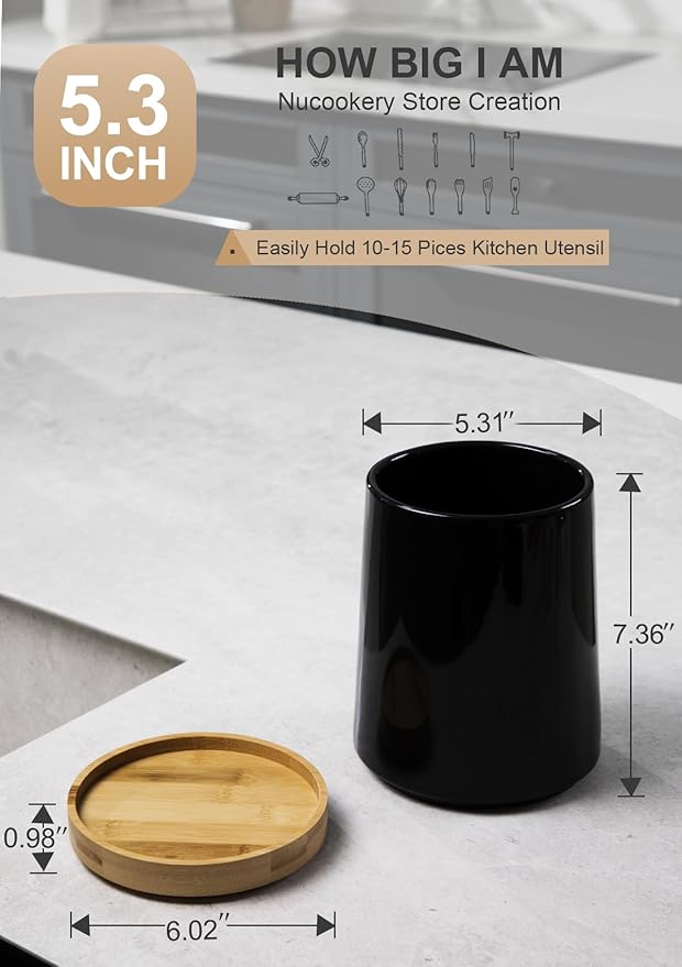 Nucookery 360° Rotating Utensils Holder, 8.2" Extra High Large Ceramic Kitchen Utensil Holder with Countertop-Protection Cork Bottom, Top Gathering Kitchen Decor for Counter (Black)