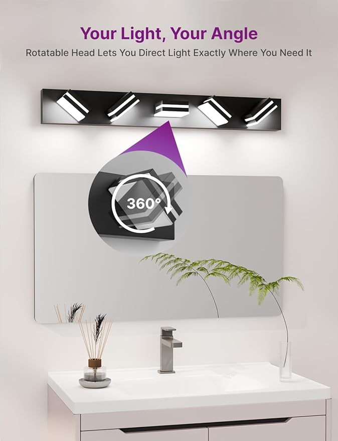 Modern Bathroom Light Fixture Over Mirror, 36" 5-Light Bathroom Vanity Light with Rotatable Heads, Adjustable 3000K/ 4000K/ 5000K, Hardwired, Energy-Efficient LED Vanity Lighting Fixture, Black