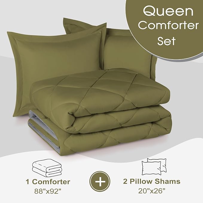 Basic Beyond Queen Comforter Set - Olive Green Comforter Set Queen, Reversible Bed Comforter Queen Set for All Seasons, Olive Green/Charcoal Gray, 1 Comforter (88"x92") and 2 Pillow Shams (20"x26"+2")