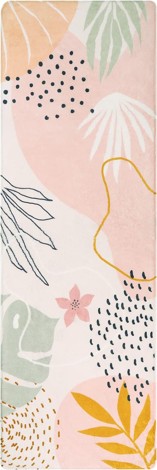 Lahome Pink Washable Runner Rug - 2x6 Non-Slip Throw Hallway Runner Rugs Low-Pile Soft Bedroom Kitchen Runner Rug Boho Botanical Print Carpet Runner for Laundry Room Entryway Bathroom Living Room