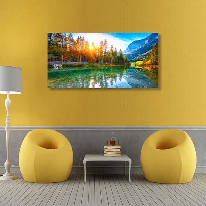 Scenery Canvas Wall Art for Living room Office Bedroom Sunshine Forest Landscape Wall Art Green Nature Pictures Art Print Paintings Modern Mountain Lake Wall Decor Artwork Waterproof -20 * 40inch
