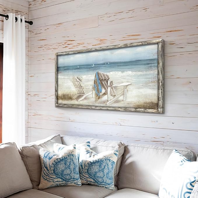 Coastal Abstract Seascape Canvas Wall Art Beach Chair on Sand Painting Artwork Print for Bedroom Living Room(48"*24")