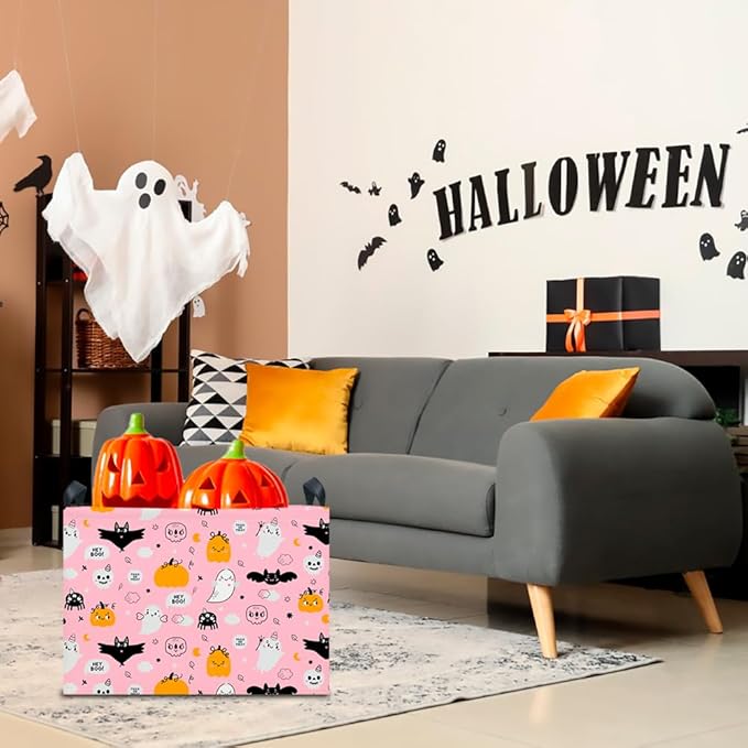 CLOCOR Rectangular Storage Basket Empty,Gift Basket for Halloween,Waterproof Storage Bin with Handles,Room Decor(Pink Ghost)