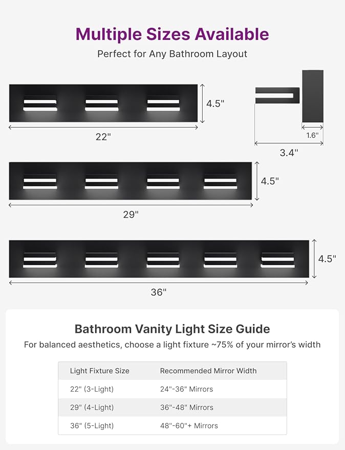Modern Bathroom Light Fixture Over Mirror, 36" 5-Light Bathroom Vanity Light with Rotatable Heads, Adjustable 3000K/ 4000K/ 5000K, Hardwired, Energy-Efficient LED Vanity Lighting Fixture, Black