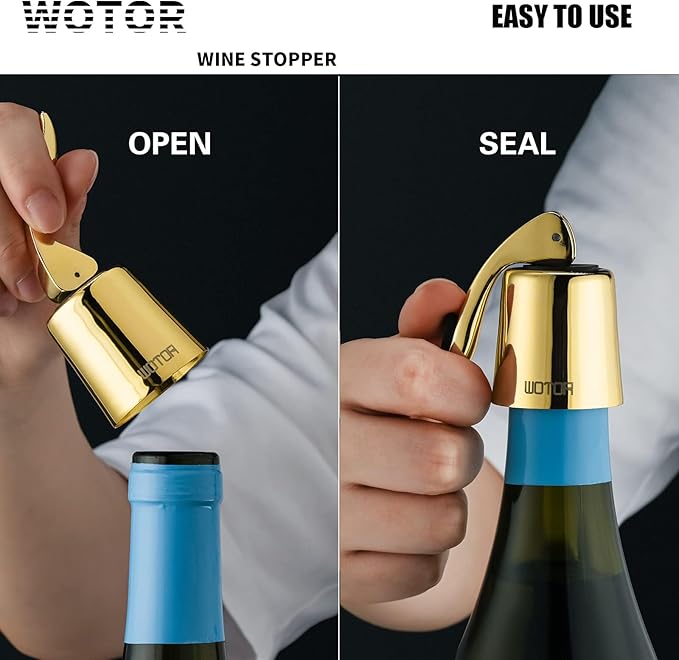 Stainless Steel Wine Bottle Stoppers with Silicone - Reusable Wine Saver and Decorative Bottle Sealer, Leakproof, Keep Fresh, Gold, 2 Pack