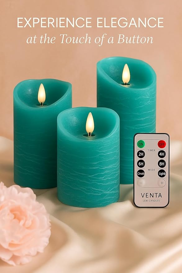 VENTA Turquoise Real Wax Flameless Candles, Set of 3 | Realistic Teal LED Pillar Candles with Remote & Timer | Perfect for Coastal, Beach House & Nautical Decor