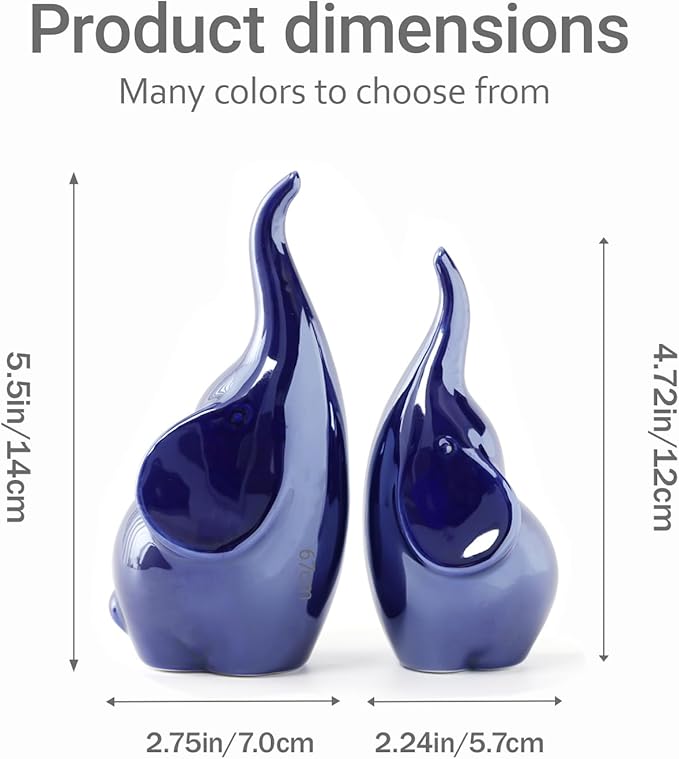 Ceramic Elephant Figurines with Trunk Up, Pair Couples Loving Elephant Statue, Small Figurines Sculpture African Home Decor, Valentine Elephants Gifts for Women, Wedding Knick Knacks（Blue）