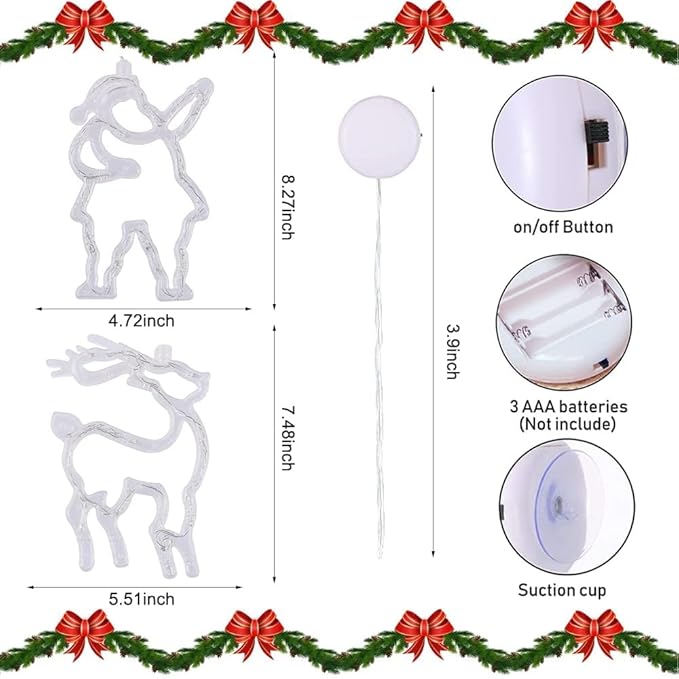 Christmas Decorations, Christmas Window Lights, Christmas Lights with Suction Cup, Christmas Window Decorations Battery Operated, Christmas Gifts for Women Kids Men (Santa & Reindeer Indoor LED 2 Pcs)
