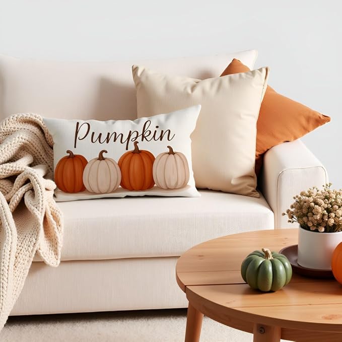 PANDICORN Fall Pillow Covers 12x20, Harvest Orange Pumpkin Lumbar Decorative Cushion Case, Fall Decorations for Home Decor Outdoor Farmhouse Thanksgiving Autumn Pillowcase for Living Room Sofa Couch
