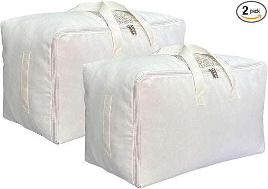 Soft Large Canvas Comforter Storage Bags with Four Carrying Handles and Clear Window, Closet Organizer for Clothing, Blankets Sheets Pillows and Bedding, 80L, 2 Pack, White