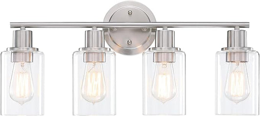 Brushed Nickel 4-Light Bathroom Light Fixture Over Mirror Sink, 4-Light Bathroom Vanity Lights Brushed Nickel Vanity Wall Sconce for Mirror